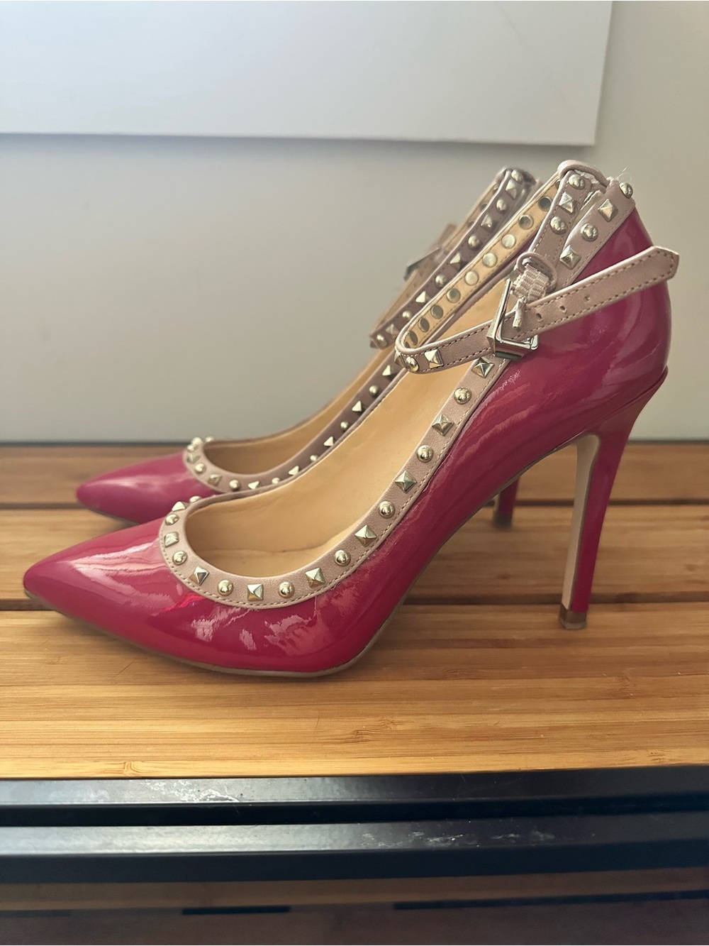 Ivanka Trump Pink Nude 2-Tone Patent Pumps Heels Gold Studs Ankle Strap
